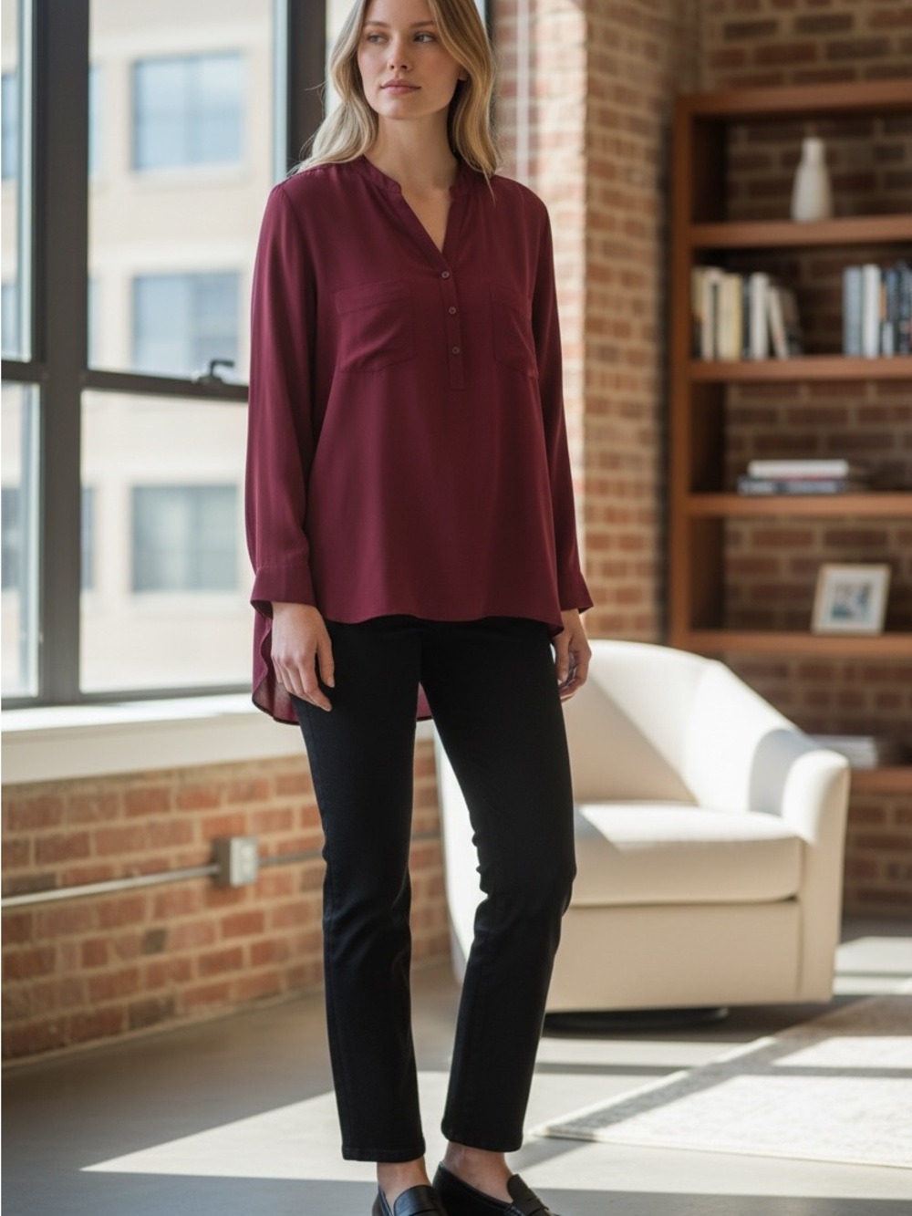 Eileen Fisher Long-Sleeve V-Neck Tunic Blouse - Burgundy Size L